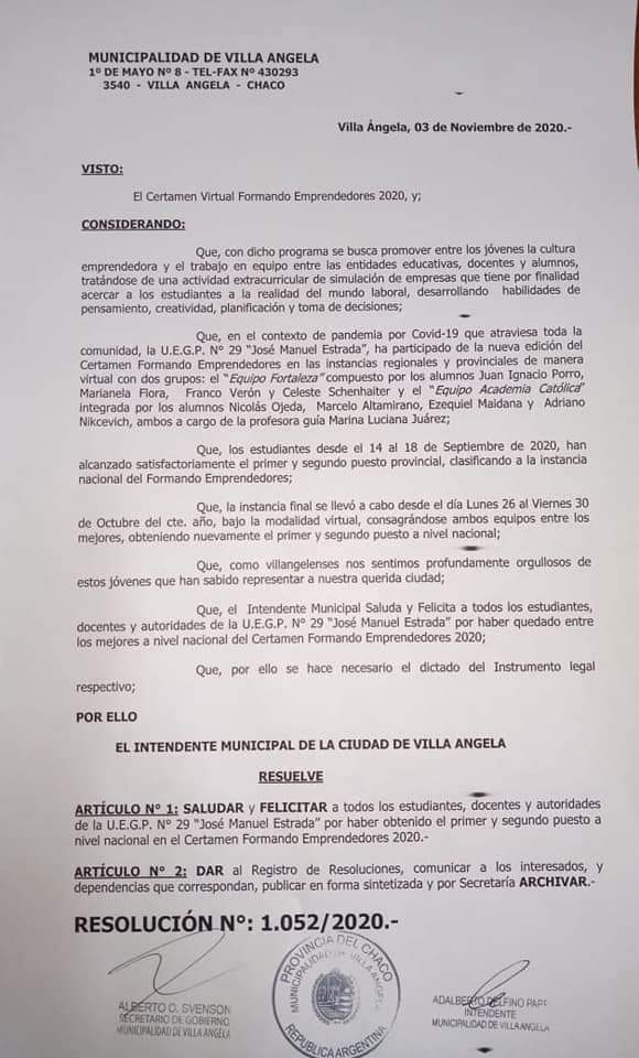 Villa &Aacute;ngela: EL MUNICIPIO RECONOCE A LOS ESTUDIANTES GANADORES DEL CERTAMEN "FORMANDO EMPRENDEDORES 2020"