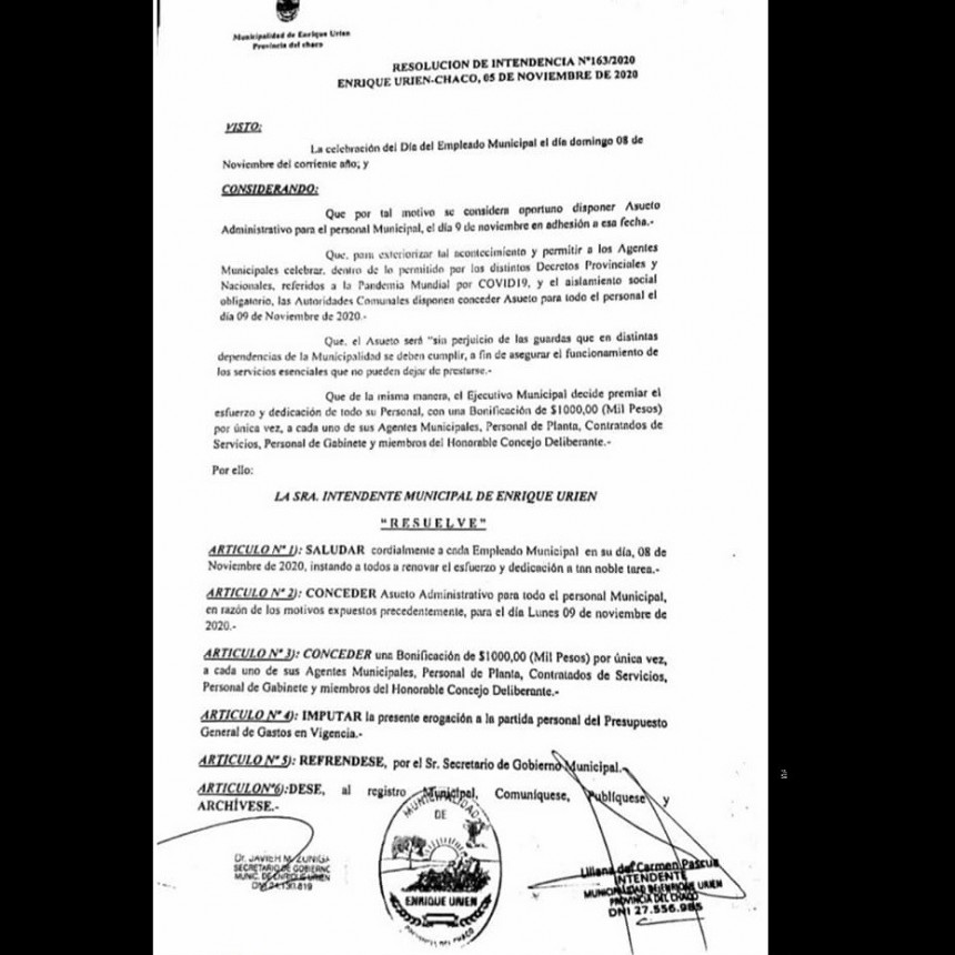Enrique Urien: ACREDITACION DE SUELDOS ,MAS BONIFICACION PARA CADA EMPLEADO,POR CELEBRARSE EL DIA DOMINGO 8 DE NOVIEMBRE EL DIA DEL EMPLEADO MUNICIPAL Y ASUETO EL DIA LUNES 09 DE NOVIEMBRE.