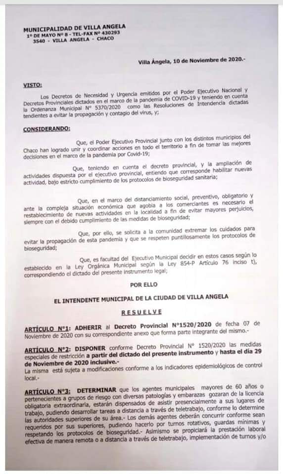 Villa &Aacute;ngela: EL MUNICIPIO ADHIRI&Oacute; AL DECRETO PROVINCIAL N&deg; 1520/2020