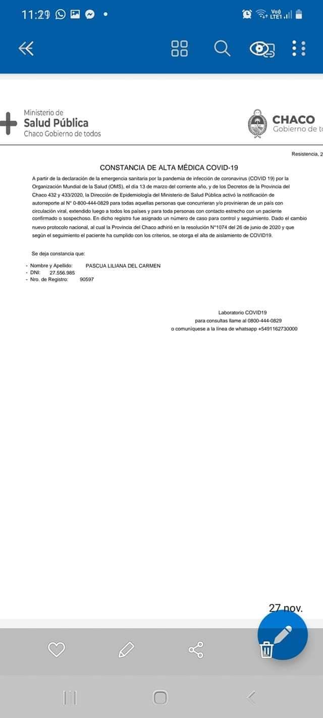 ENRIQUE URIEN:ALTA MEDICA PARA LILIANA DEL CARMEN PASCUA