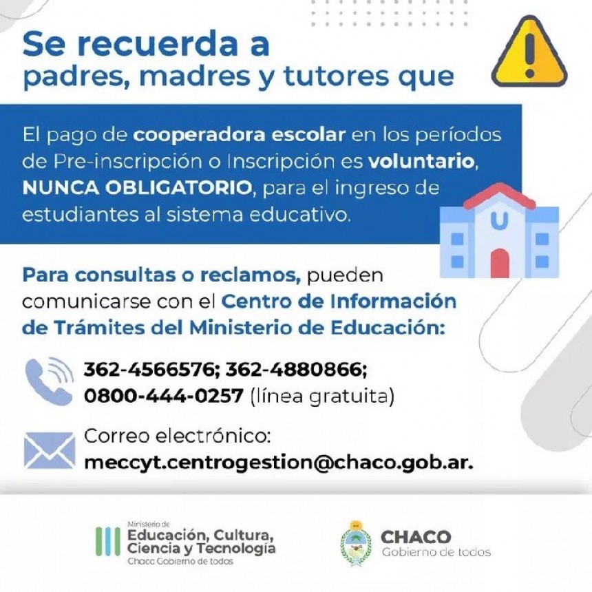 EDUCACI&Oacute;N RECUERDA QUE EL PAGO DE LA COOPERADORA ESCOLAR ES VOLUNTARIO 