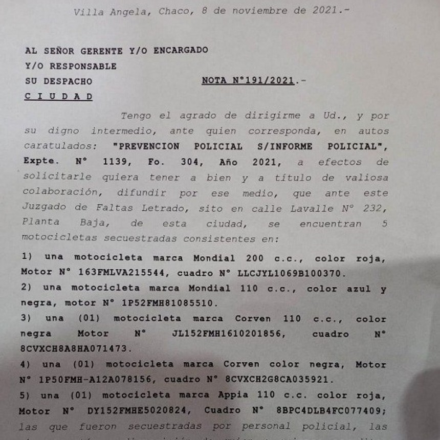 Villa &Aacute;ngela: EL JUZGADO DE FALTAS INFORMA LA EXISTENCIA DE  5 MOTOCICLETAS SECUESTRADAS EN SU DEPENDENCIA | "est&aacute;n a disposici&oacute;n de quienes acrediten legalmente su propiedad"
