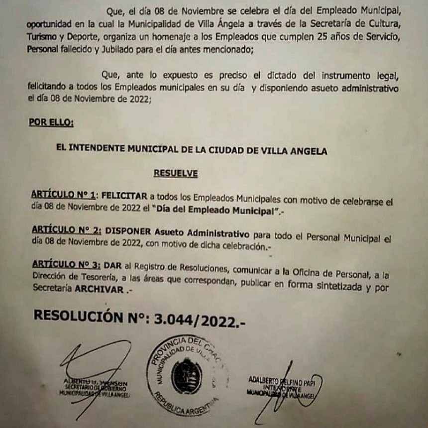 VILLA &Aacute;NGELA: EL MUNICIPIO DECLAR&Oacute; ASUETO ADMINISTRATIVO EL PROXIMO 8 DE NOVIEMBRE &ldquo;D&Iacute;A DEL EMPLEADO MUNICIPAL&rdquo;
