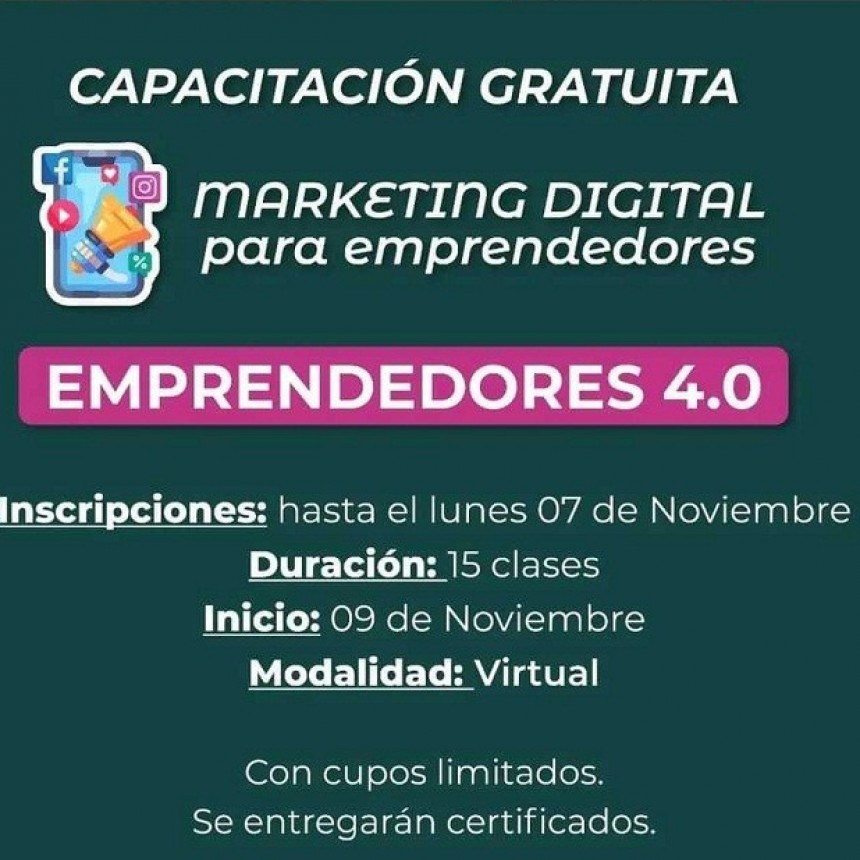 DESTINADO A POTENCIAR EMPRENDIMIENTOS REGIONALES: Convocan a participar de un curso gratuito de marketing digital