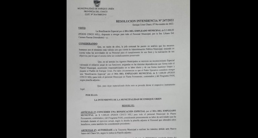 Enrique Urien: BONO PARA EMPLEADOS MUNICIPALES Y AGASAJO CON, CENA Y BAILE.