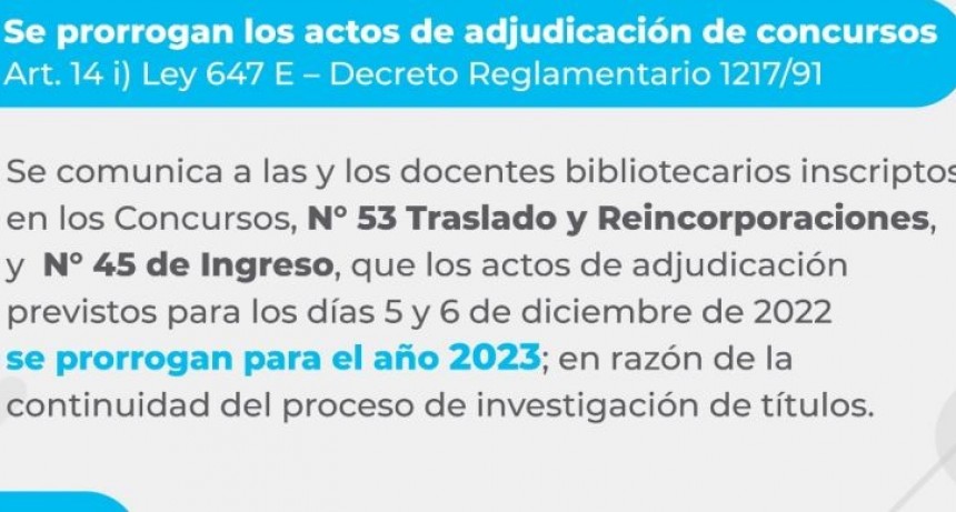 LA JUNTA DE CLASIFICACI&Oacute;N DE BIBLIOTECAS COMUNICA PR&Oacute;RROGA DE ACTOS DE ADJUDICACI&Oacute;N DE CARGOS DE CONCURSO