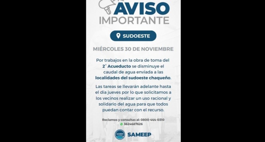 Villa &Aacute;ngela: SAMEEP INFORMA QUE POR TRABAJOS EN EL SEGUNDO ACUEDUCTO SE VER&Aacute; AFECTADO EL SERVICIO EN EL SUDOESTE