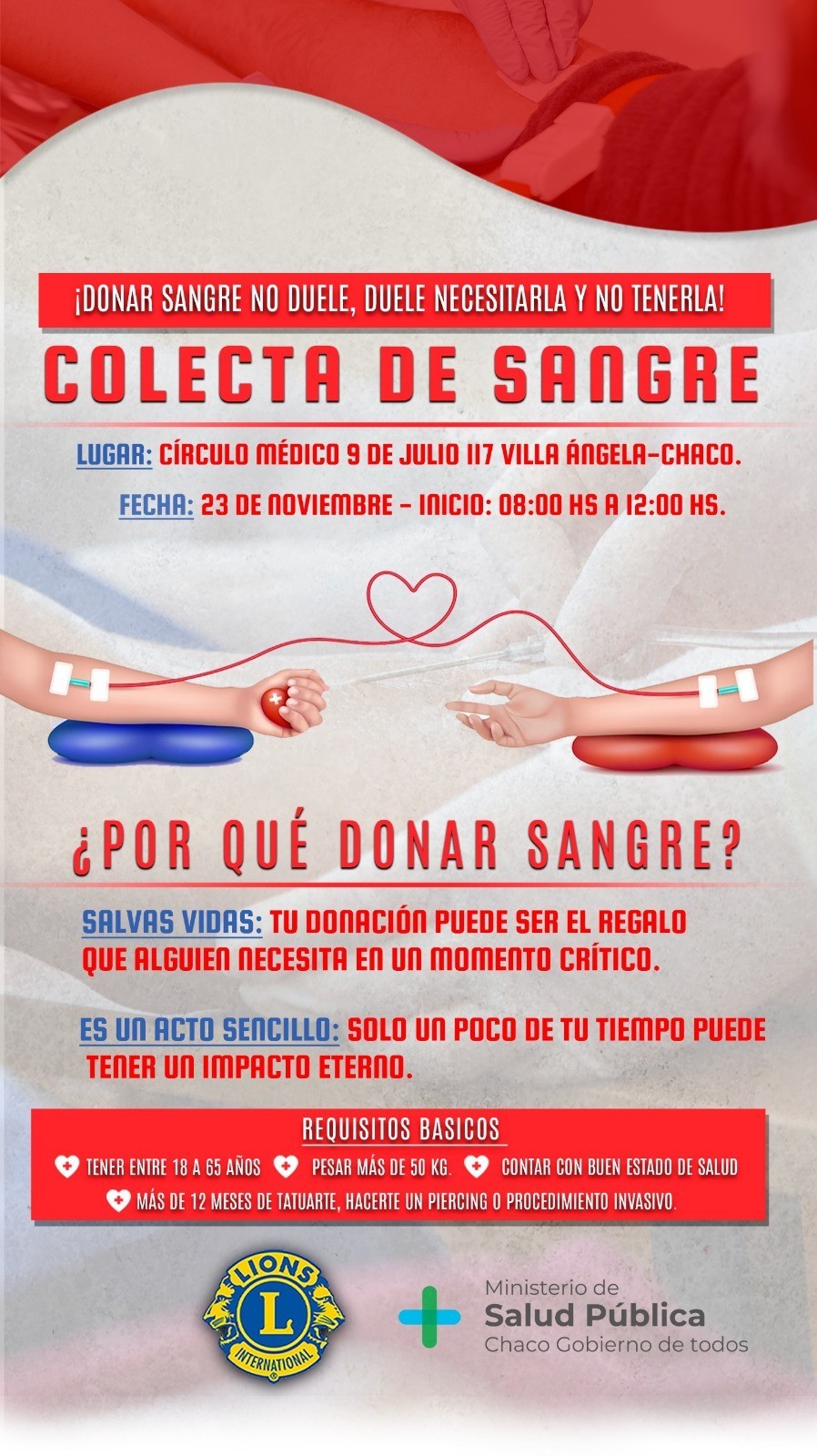  Villa Ángela: CLUB DE LEONES CONVOCA MAÑANA SÁBADO 23 A PARTICIPAR DE LA CAMPAÑA DE EXTRACCIÓN DE SANGRE EN EL CÍRCULO MÉDICO 