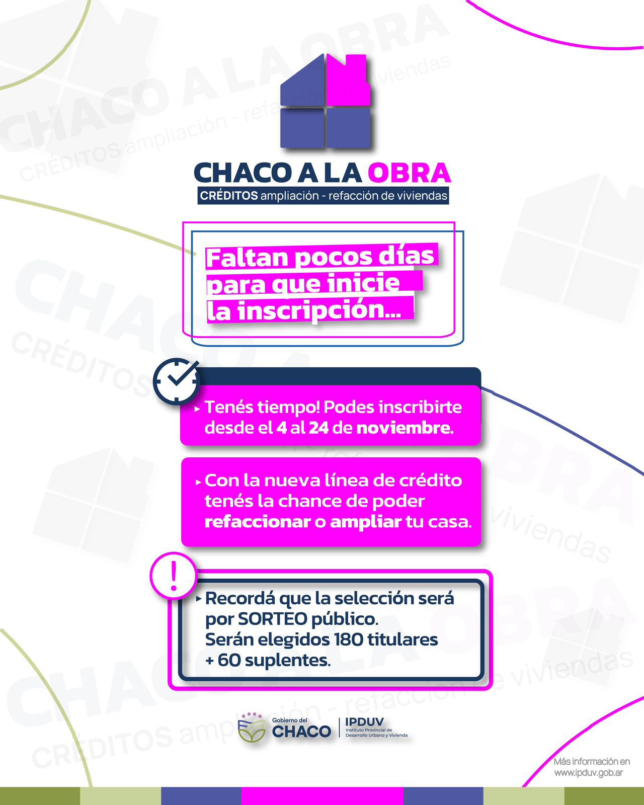 &rdquo;CHACO A LA OBRA&rdquo;: ESTE LUNES 4, SE ABRE LA INSCRIPCI&Oacute;N PARA LA L&Iacute;NEA DE CR&Eacute;DITO DEL IPDUV