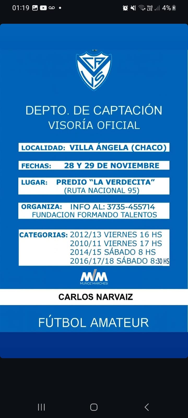 REALIZARÁN UNA CAPTACIÓN OFICIAL DE JUGADORES EN LA CANCHA “LA VERDECITA” DE VILLA ÁNGELA 