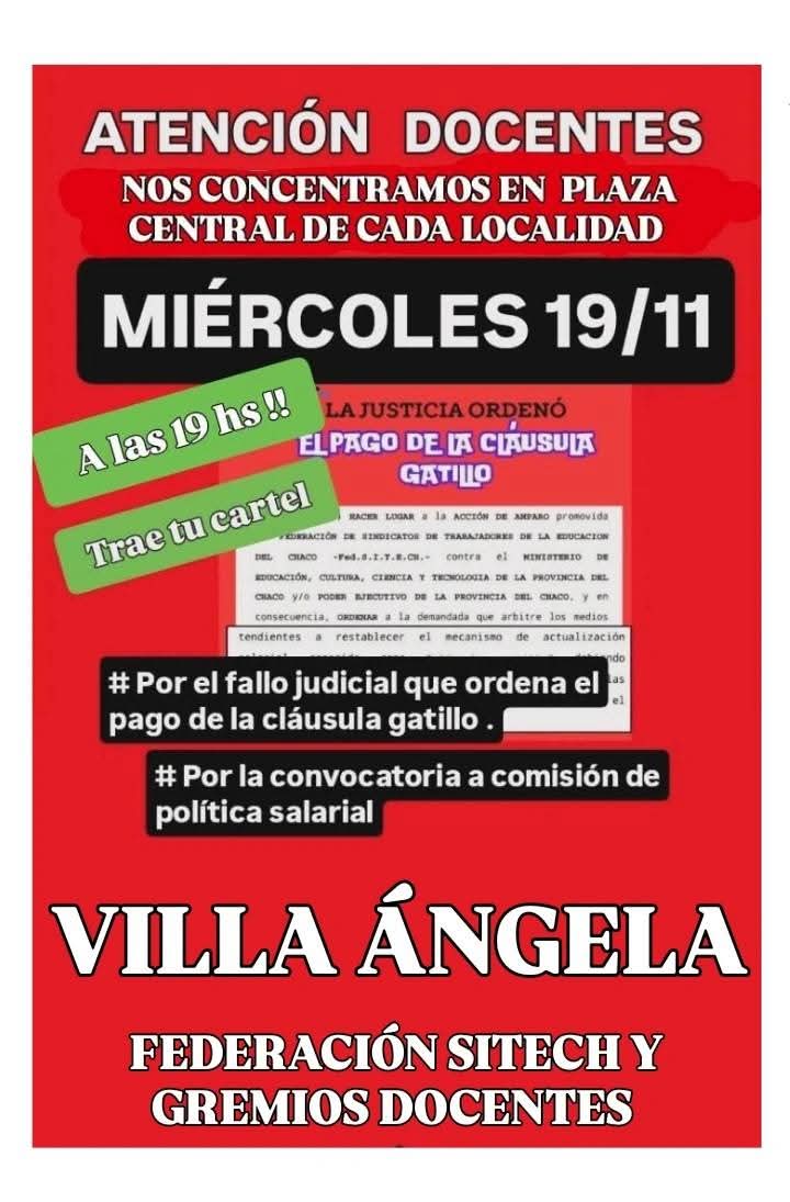 CONCENTRACI&Oacute;N PROVINCIAL DE DOCENTES EL MI&Eacute;RCOLES 19 A LAS 19:00 EN TODAS LAS PLAZAS CENTRALES