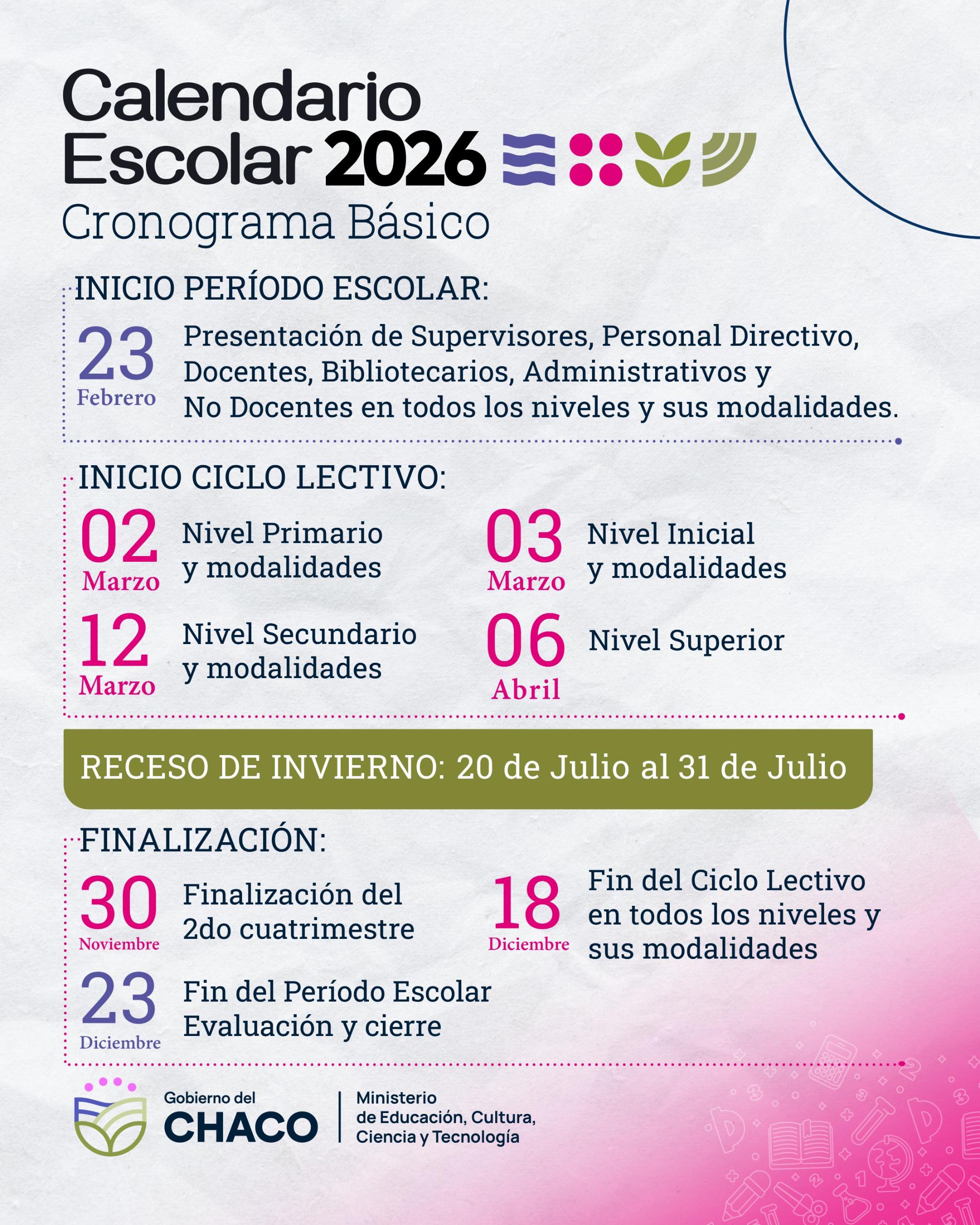 EDUCACI&Oacute;N ESTABLECI&Oacute; EL CALENDARIO ESCOLAR B&Aacute;SICO 2026: EL 2 DE MARZO SE INICIAR&Aacute; EL CICLO LECTIVO EN EL CHACO
