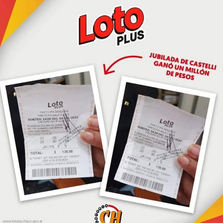 JUBILADA DE CASTELLI GAN&Oacute; UN MILL&Oacute;N DE PESOS CON EL LOTO PLUS