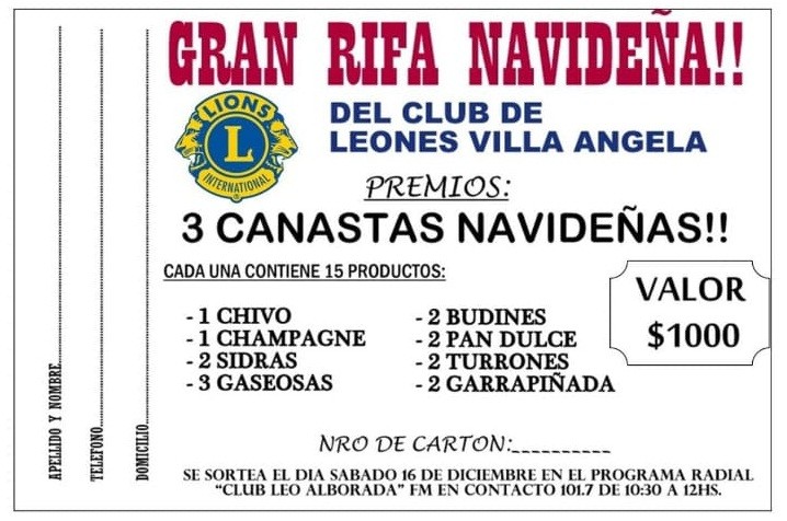 Villa Ángela: GRAN RIFA NAVIDEÑA | El Club de Leones tiene números a la venta con el sorteo de importantes premios 