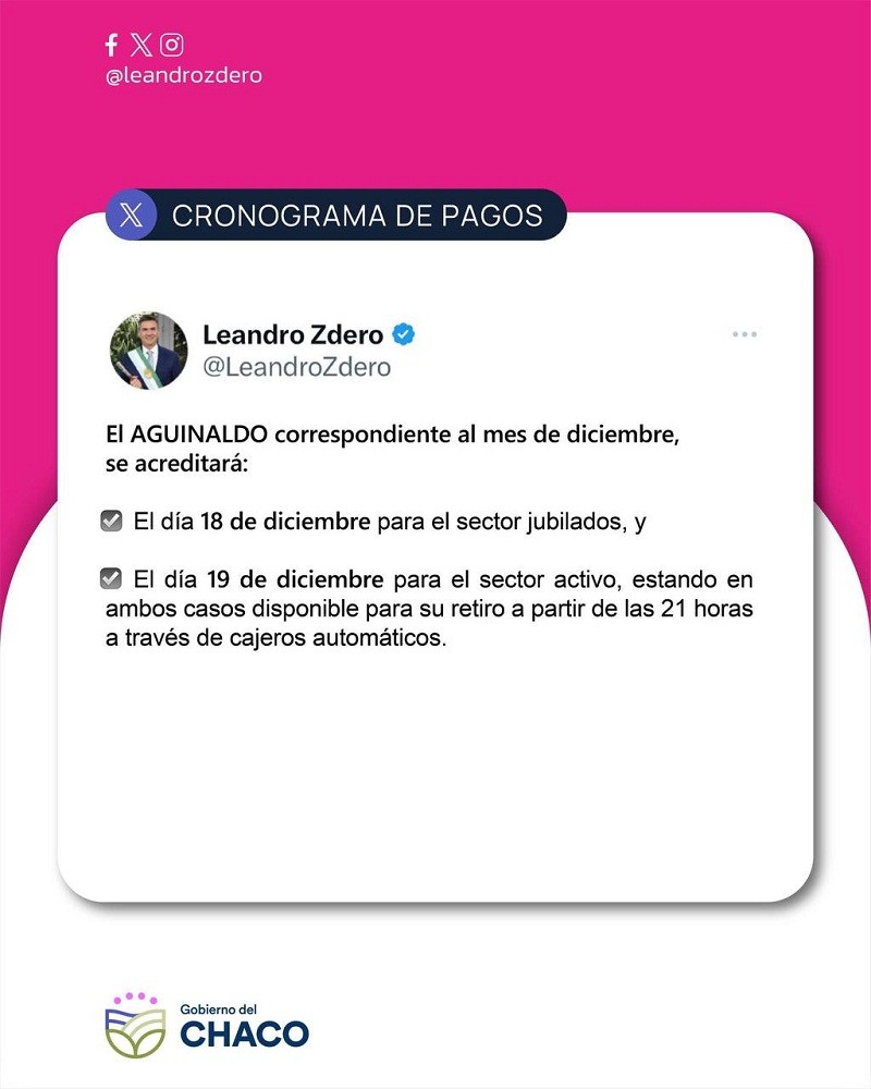 Será el 18 y 19 de diciembre: ZDERO ANUNCIÓ EL PAGO DEL AGUINALDO