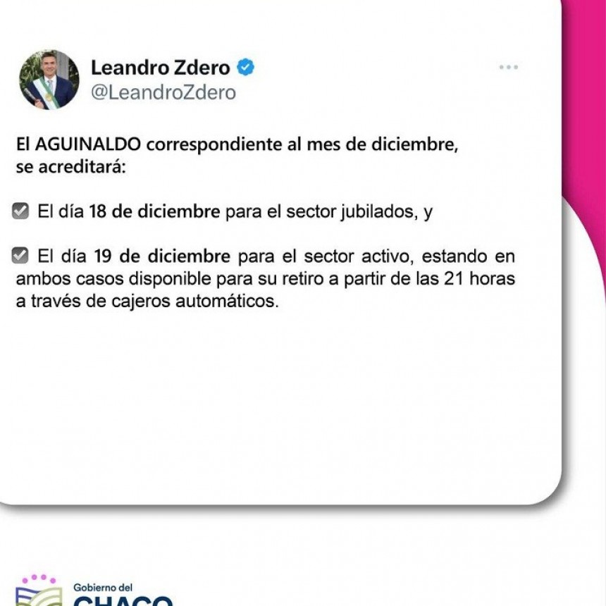 Ser&aacute; el 18 y 19 de diciembre: ZDERO ANUNCI&Oacute; EL PAGO DEL AGUINALDO